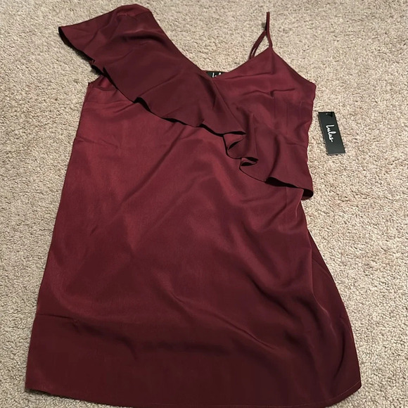 Lulu’s Time Of Your Life Asymmetrical Mini Burgundy One Shoulder Dress - Picture 3 of 5